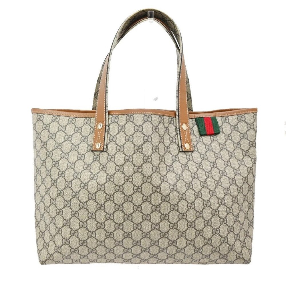GUCCI Logo Sherry GG Pattern Hand Tote Bag PVC Leather Beige Italy 35TA111